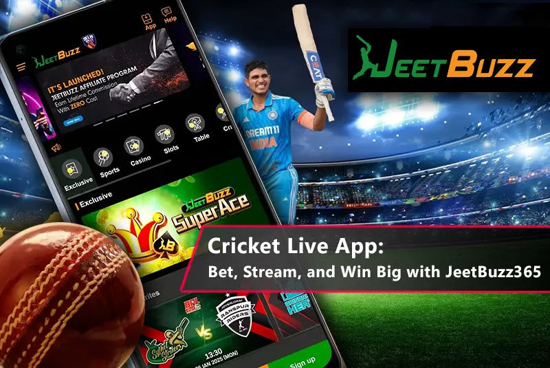 Cricket Live App: Bet, Stream, and Win Big with JeetBuzz365 1 A smartphone displaying the JeetBuzz365 Cricket Live App with live match streaming and betting options.