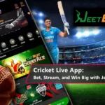 A smartphone displaying the JeetBuzz365 Cricket Live App with live match streaming and betting options.